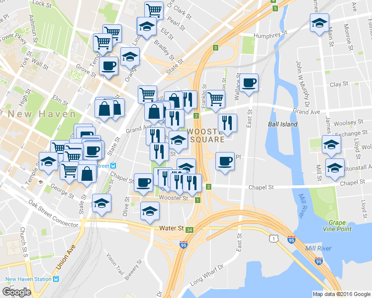 map of restaurants, bars, coffee shops, grocery stores, and more near 209 Greene Street in New Haven