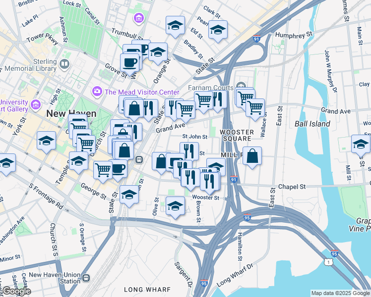 map of restaurants, bars, coffee shops, grocery stores, and more near 1 Hughes Place in New Haven