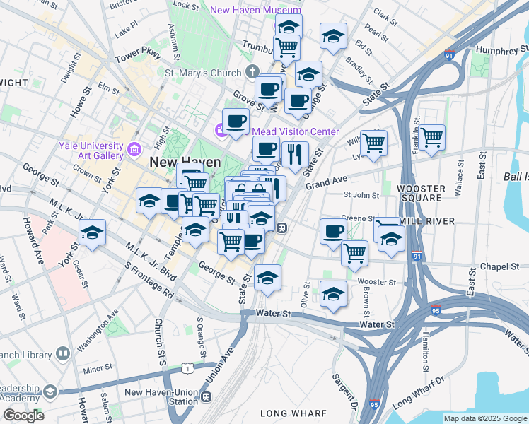 map of restaurants, bars, coffee shops, grocery stores, and more near 360 State Street in New Haven