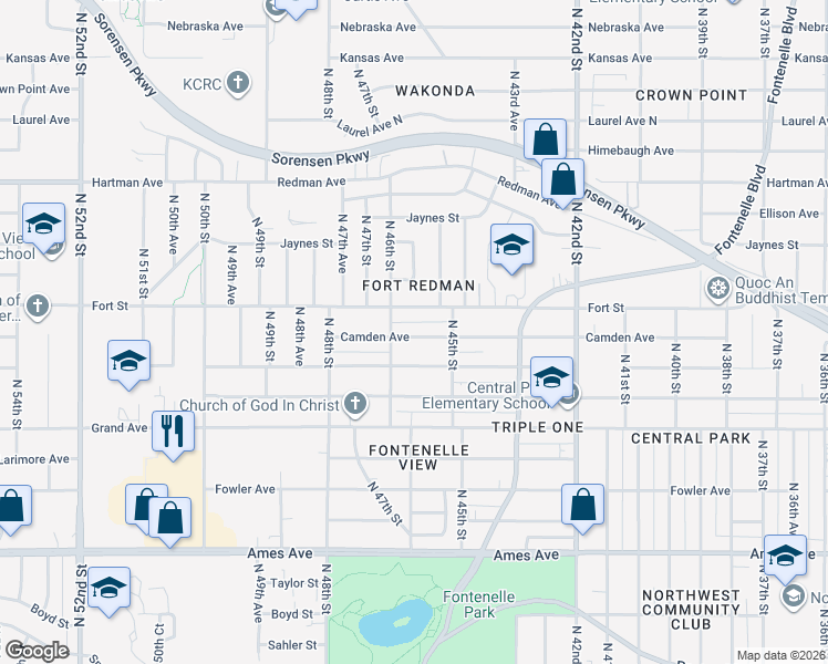map of restaurants, bars, coffee shops, grocery stores, and more near 4537 Camden Avenue in Omaha