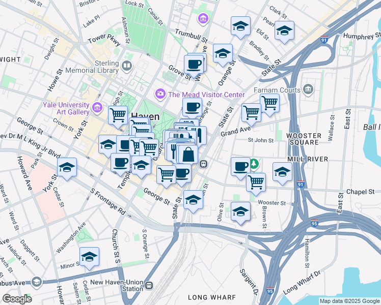 map of restaurants, bars, coffee shops, grocery stores, and more near 360 State Street in New Haven
