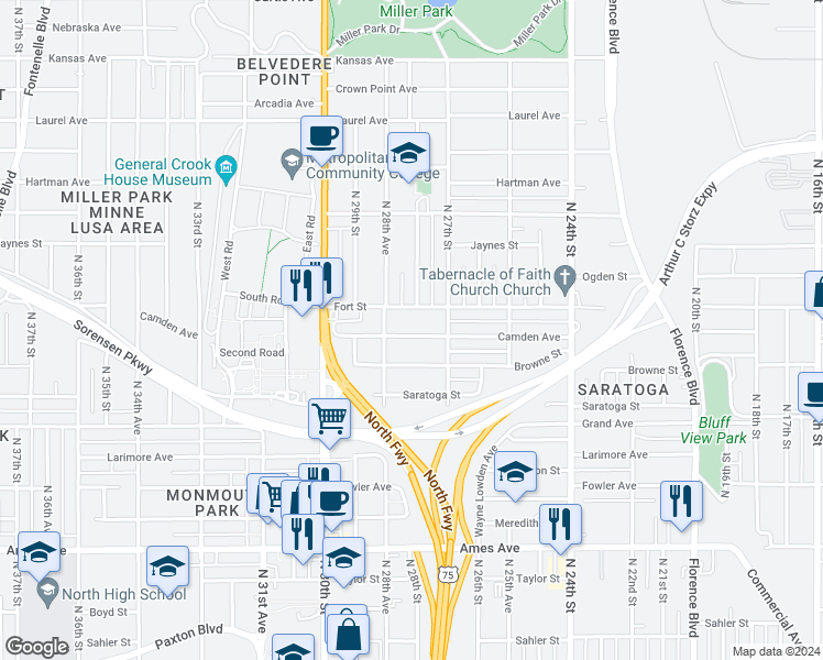 map of restaurants, bars, coffee shops, grocery stores, and more near 2732 Camden Avenue in Omaha