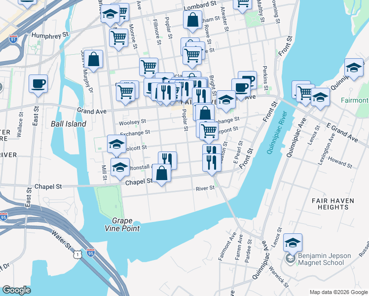map of restaurants, bars, coffee shops, grocery stores, and more near 138 Poplar Street in New Haven