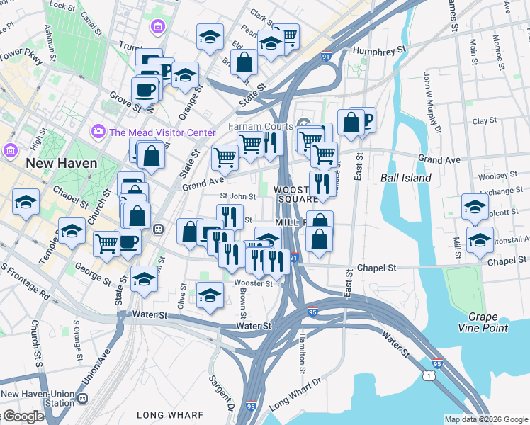 map of restaurants, bars, coffee shops, grocery stores, and more near 209 Greene Street in New Haven