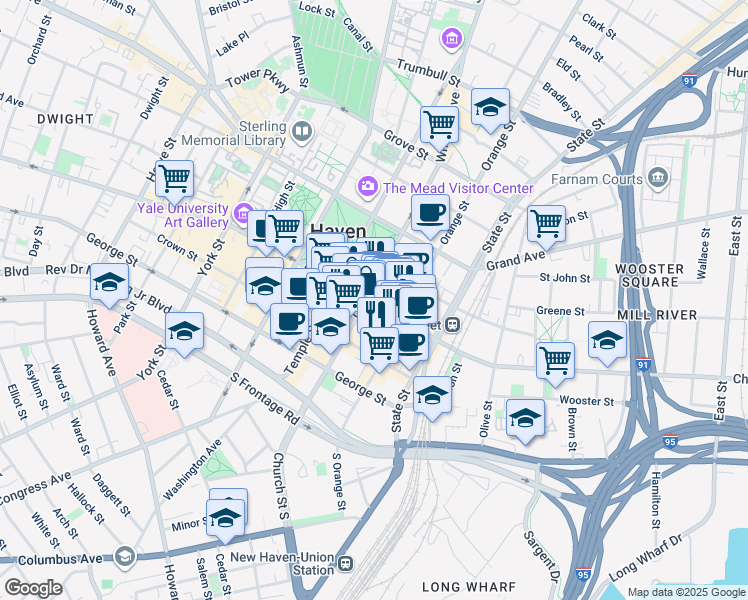map of restaurants, bars, coffee shops, grocery stores, and more near 848 Chapel Street in New Haven