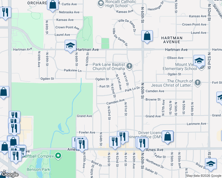 map of restaurants, bars, coffee shops, grocery stores, and more near 6211 Park Lane Drive in Omaha