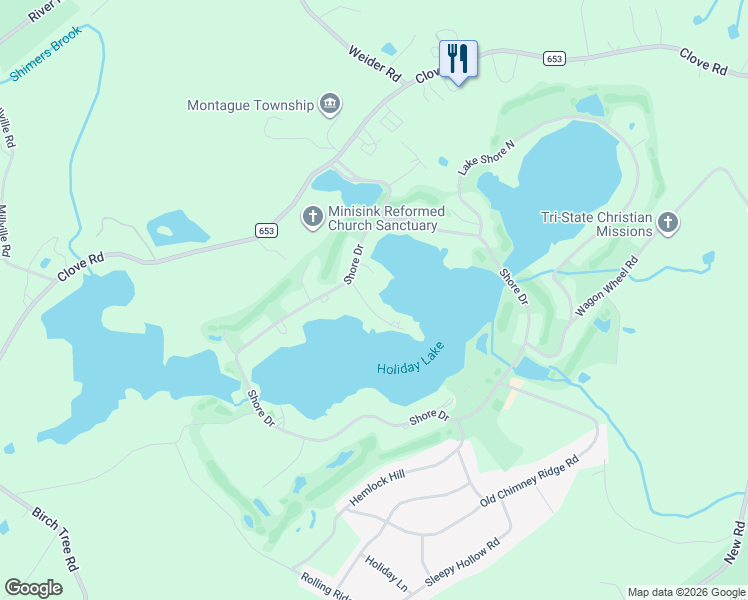 map of restaurants, bars, coffee shops, grocery stores, and more near 104 North Shore Point in Montague