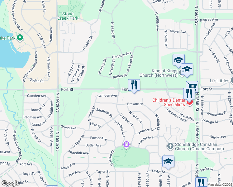 map of restaurants, bars, coffee shops, grocery stores, and more near 16209 Camden Avenue in Omaha