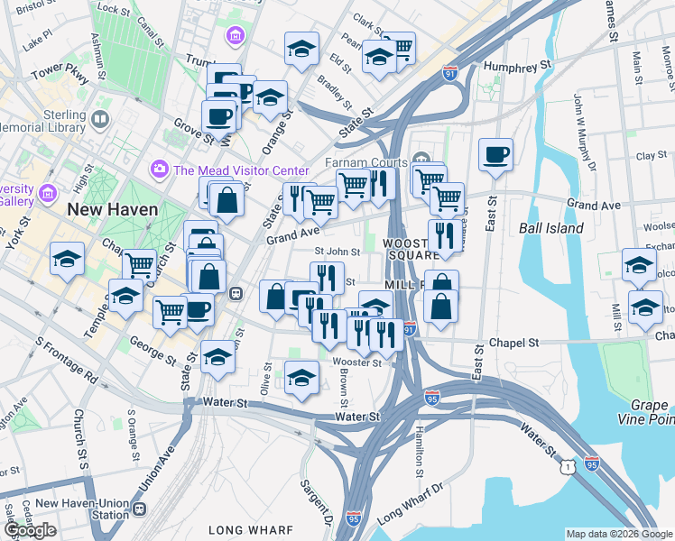 map of restaurants, bars, coffee shops, grocery stores, and more near 250 Greene Street in New Haven