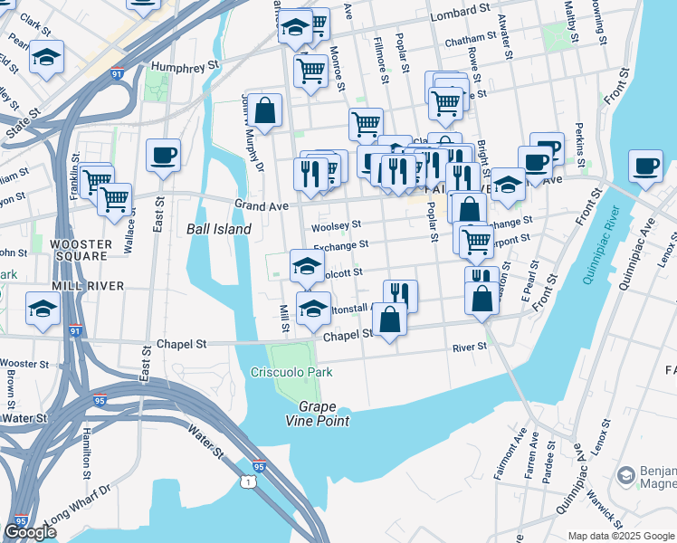 map of restaurants, bars, coffee shops, grocery stores, and more near 163 Wolcott Street in New Haven