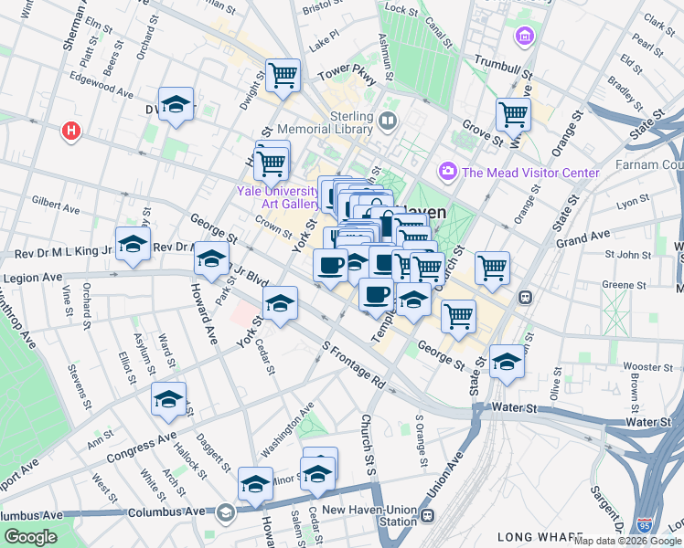 map of restaurants, bars, coffee shops, grocery stores, and more near 196 College Street in New Haven