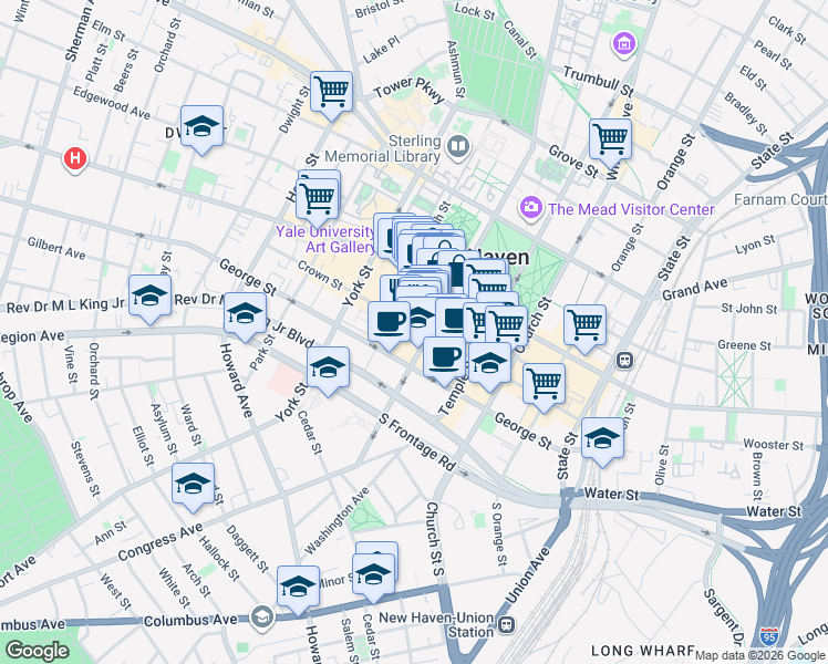 map of restaurants, bars, coffee shops, grocery stores, and more near 196 College Street in New Haven