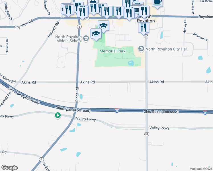 map of restaurants, bars, coffee shops, grocery stores, and more near 6373 Akins Road in North Royalton