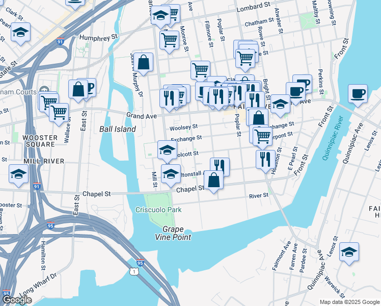 map of restaurants, bars, coffee shops, grocery stores, and more near 182 Wolcott Street in New Haven