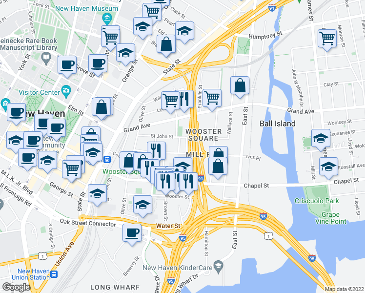 map of restaurants, bars, coffee shops, grocery stores, and more near 209 Greene Street in New Haven