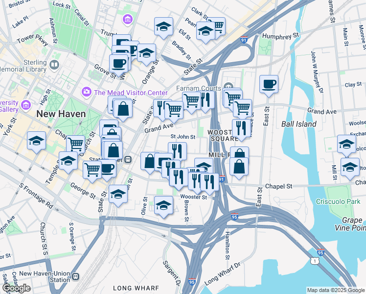 map of restaurants, bars, coffee shops, grocery stores, and more near 250 Greene Street in New Haven