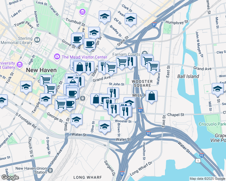 map of restaurants, bars, coffee shops, grocery stores, and more near 1 Hughes Place in New Haven