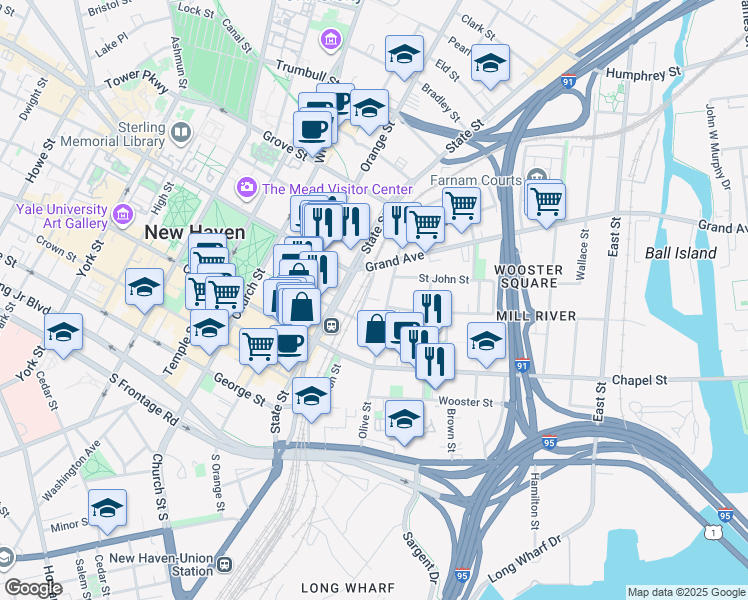 map of restaurants, bars, coffee shops, grocery stores, and more near 99 Olive Street in New Haven