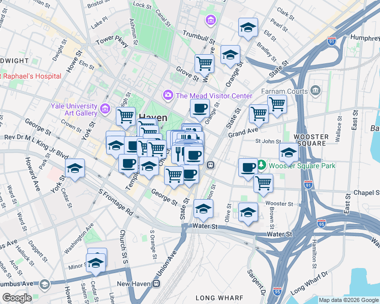 map of restaurants, bars, coffee shops, grocery stores, and more near 770 Chapel Street in New Haven