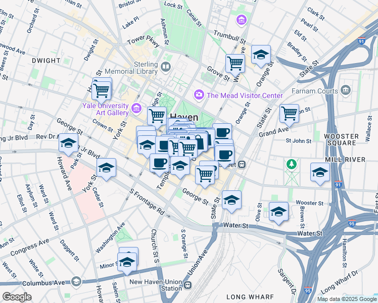 map of restaurants, bars, coffee shops, grocery stores, and more near in New Haven