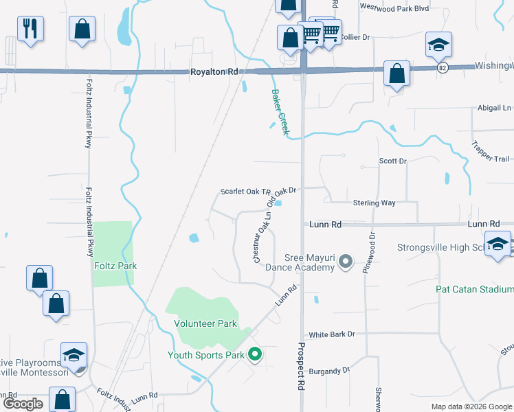 map of restaurants, bars, coffee shops, grocery stores, and more near 15045 Old Oak Drive in Strongsville