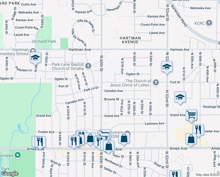map of restaurants, bars, coffee shops, grocery stores, and more near 5817 Camden Avenue in Omaha