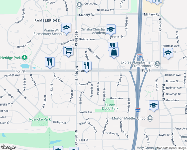 map of restaurants, bars, coffee shops, grocery stores, and more near 5114 North 105th Street in Omaha