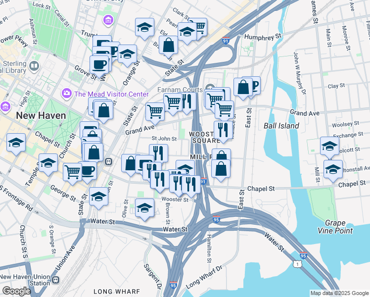 map of restaurants, bars, coffee shops, grocery stores, and more near 209 Greene Street in New Haven
