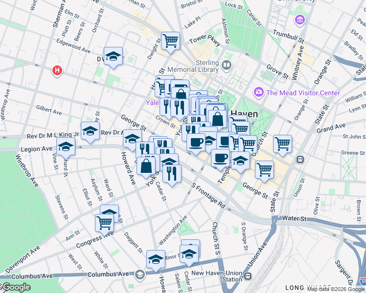 map of restaurants, bars, coffee shops, grocery stores, and more near 123 York Street in New Haven