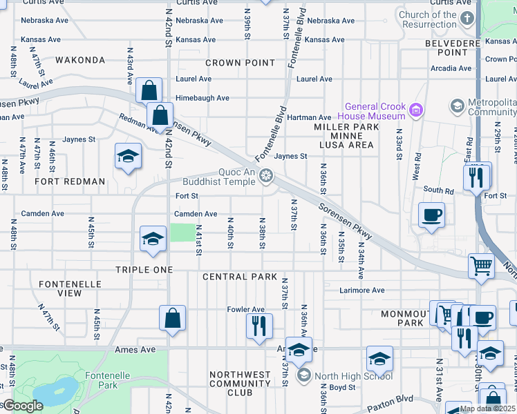 map of restaurants, bars, coffee shops, grocery stores, and more near 5206 North 38th Street in Omaha