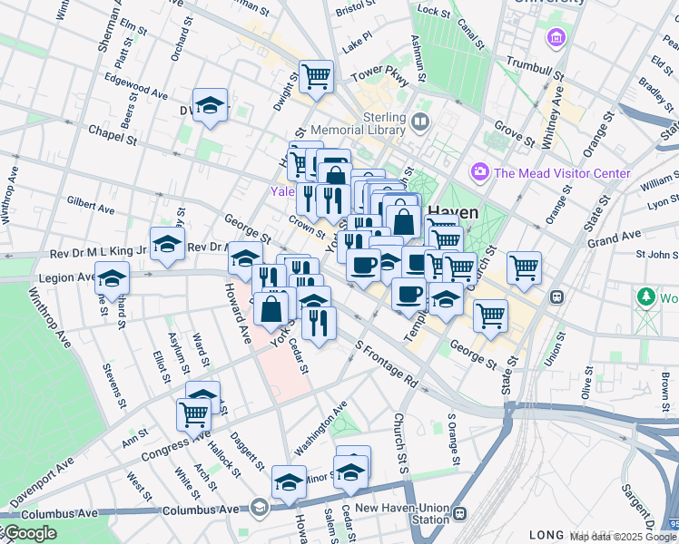 map of restaurants, bars, coffee shops, grocery stores, and more near 123 York Street in New Haven