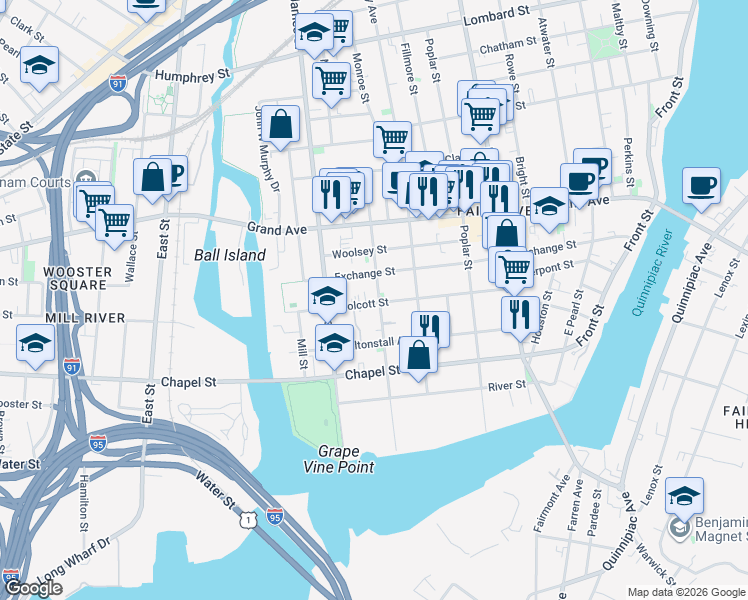 map of restaurants, bars, coffee shops, grocery stores, and more near 182 Wolcott Street in New Haven