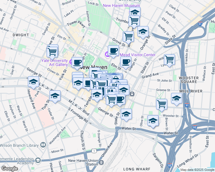 map of restaurants, bars, coffee shops, grocery stores, and more near 141 Church Street in New Haven