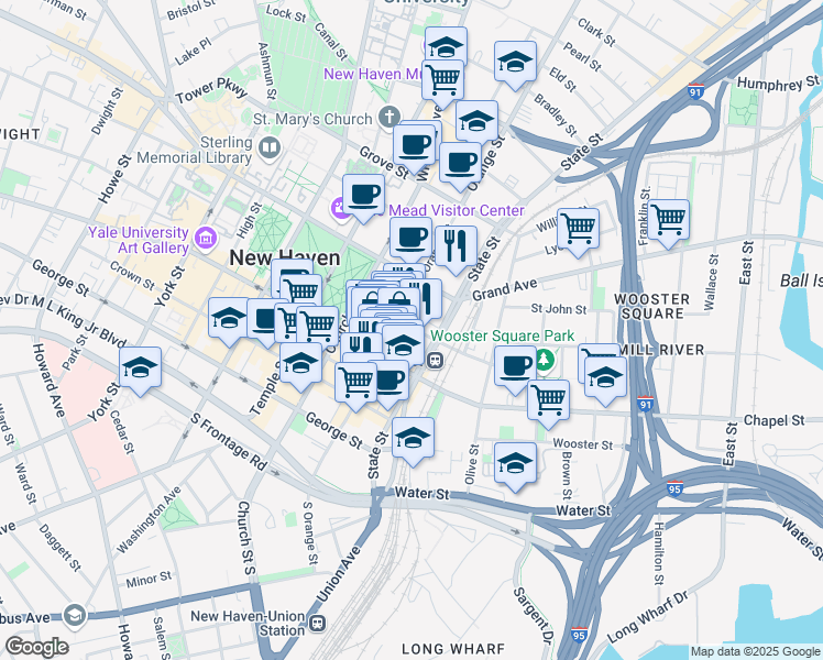 map of restaurants, bars, coffee shops, grocery stores, and more near 122 Court Street in New Haven