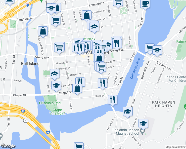 map of restaurants, bars, coffee shops, grocery stores, and more near 13 Saltonstall Avenue in New Haven