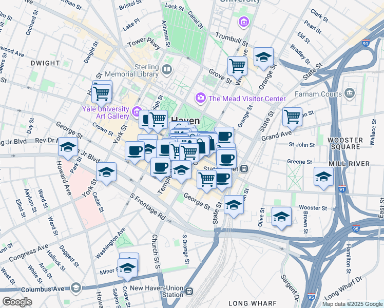 map of restaurants, bars, coffee shops, grocery stores, and more near 900 Chapel Street in New Haven