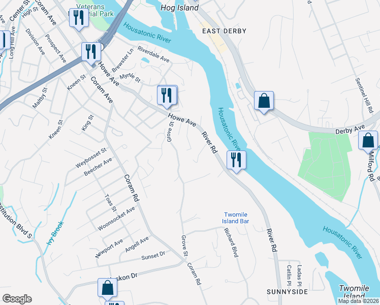 map of restaurants, bars, coffee shops, grocery stores, and more near 41 Edgewood Avenue in Shelton