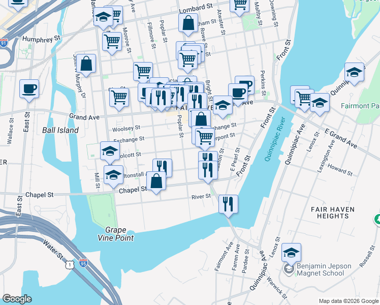 map of restaurants, bars, coffee shops, grocery stores, and more near 13 Saltonstall Avenue in New Haven