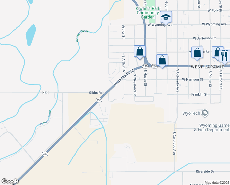 map of restaurants, bars, coffee shops, grocery stores, and more near 2758 West Jackson Street in Laramie
