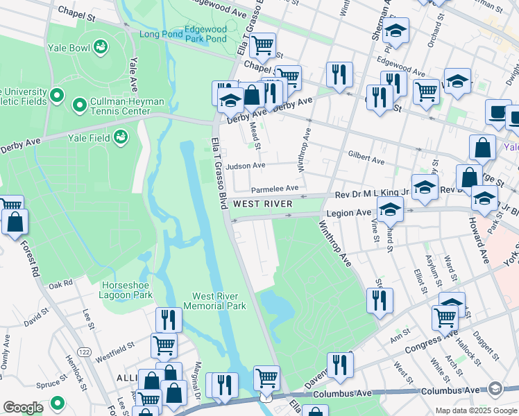 map of restaurants, bars, coffee shops, grocery stores, and more near 104 Tyler Street in New Haven