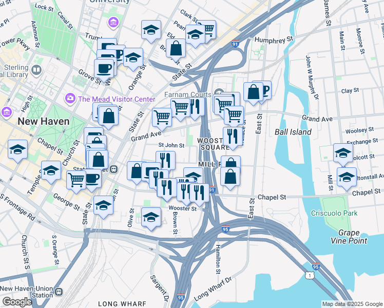 map of restaurants, bars, coffee shops, grocery stores, and more near 209 Greene Street in New Haven