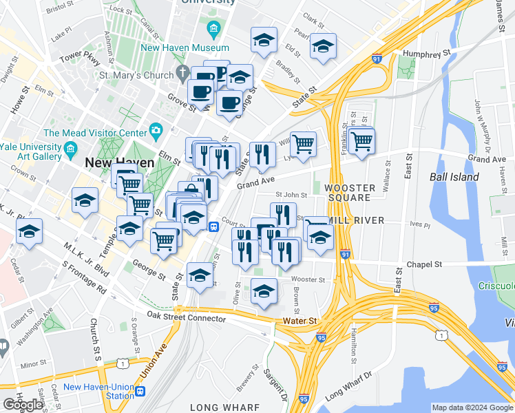 map of restaurants, bars, coffee shops, grocery stores, and more near 99 Olive Street in New Haven