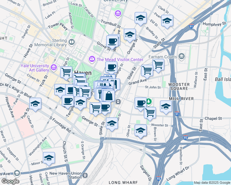 map of restaurants, bars, coffee shops, grocery stores, and more near 360 State Street in New Haven