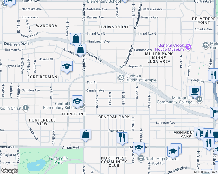map of restaurants, bars, coffee shops, grocery stores, and more near 5115 North 40th Street in Omaha