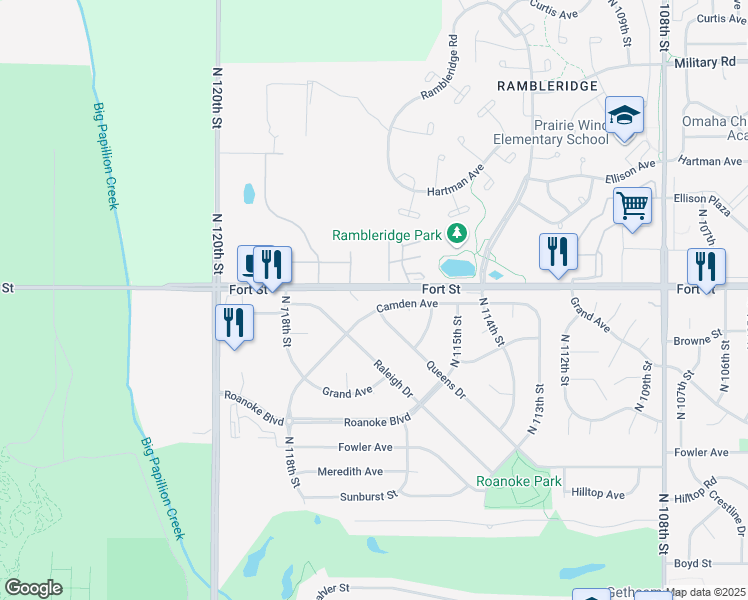 map of restaurants, bars, coffee shops, grocery stores, and more near 11670 Camden Avenue in Omaha