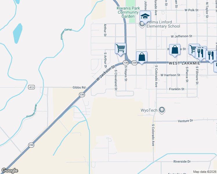 map of restaurants, bars, coffee shops, grocery stores, and more near South Cleveland Street in Laramie