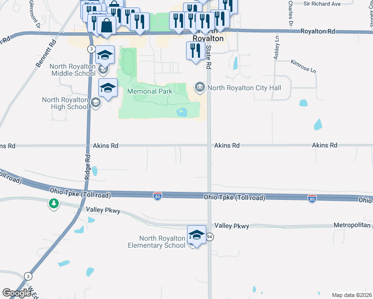 map of restaurants, bars, coffee shops, grocery stores, and more near 15420 State Road in North Royalton