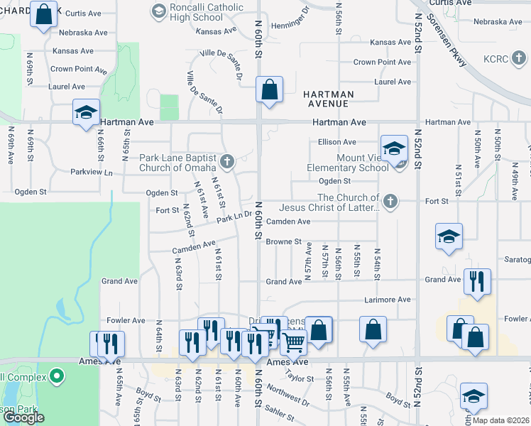 map of restaurants, bars, coffee shops, grocery stores, and more near 5115 North 60th Street in Omaha