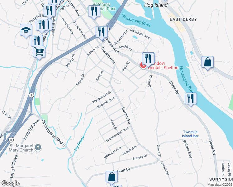 map of restaurants, bars, coffee shops, grocery stores, and more near 39 Coram Road in Shelton