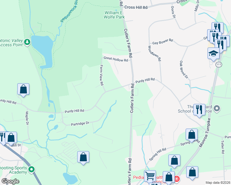 map of restaurants, bars, coffee shops, grocery stores, and more near 323 Purdy Hill Road in Monroe